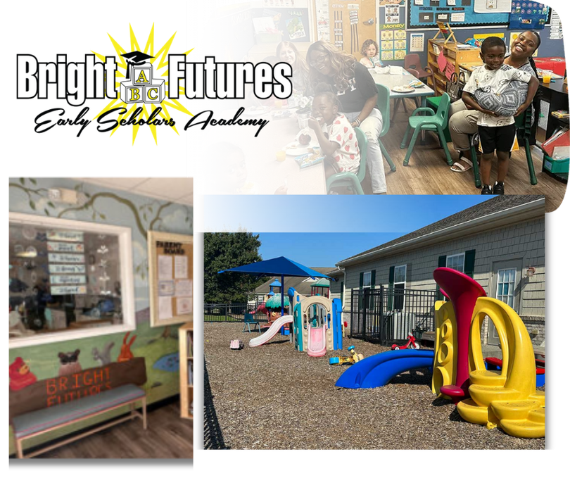Bright Futures Early Scholars Academy picture collage of kids, parents and playground