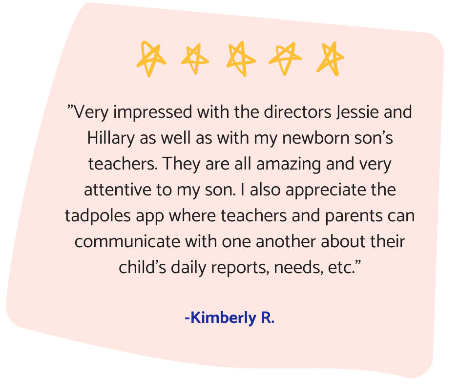 Review of childcare program; a parent shares appreciation for staff and the Tadpoles app.