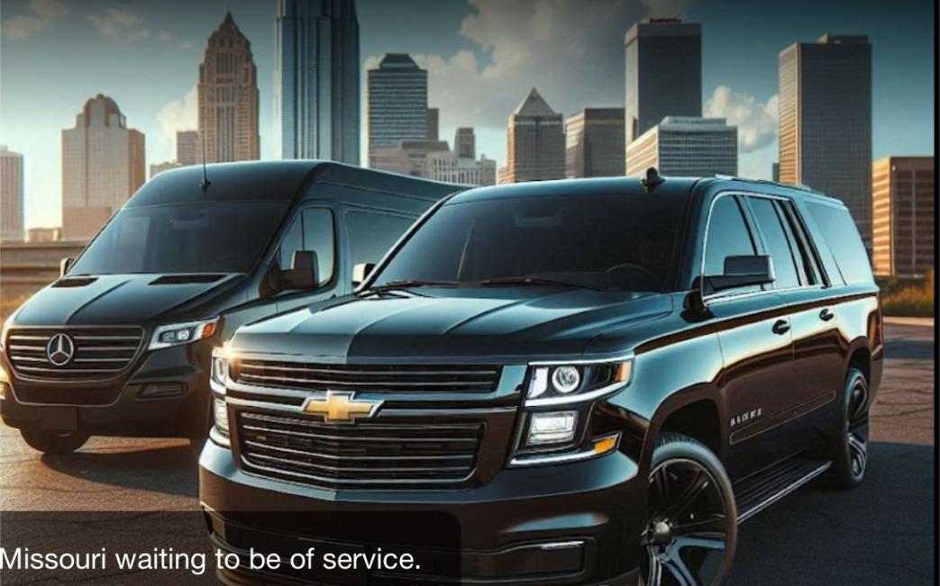 Black SUV and van in front of a city skyline, Missouri waiting to be of service.