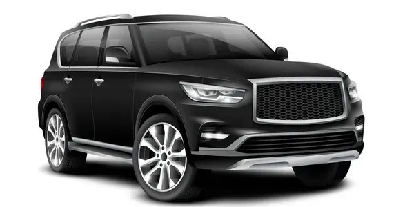 Black SUV with silver trim and wheels, isolated on white background.