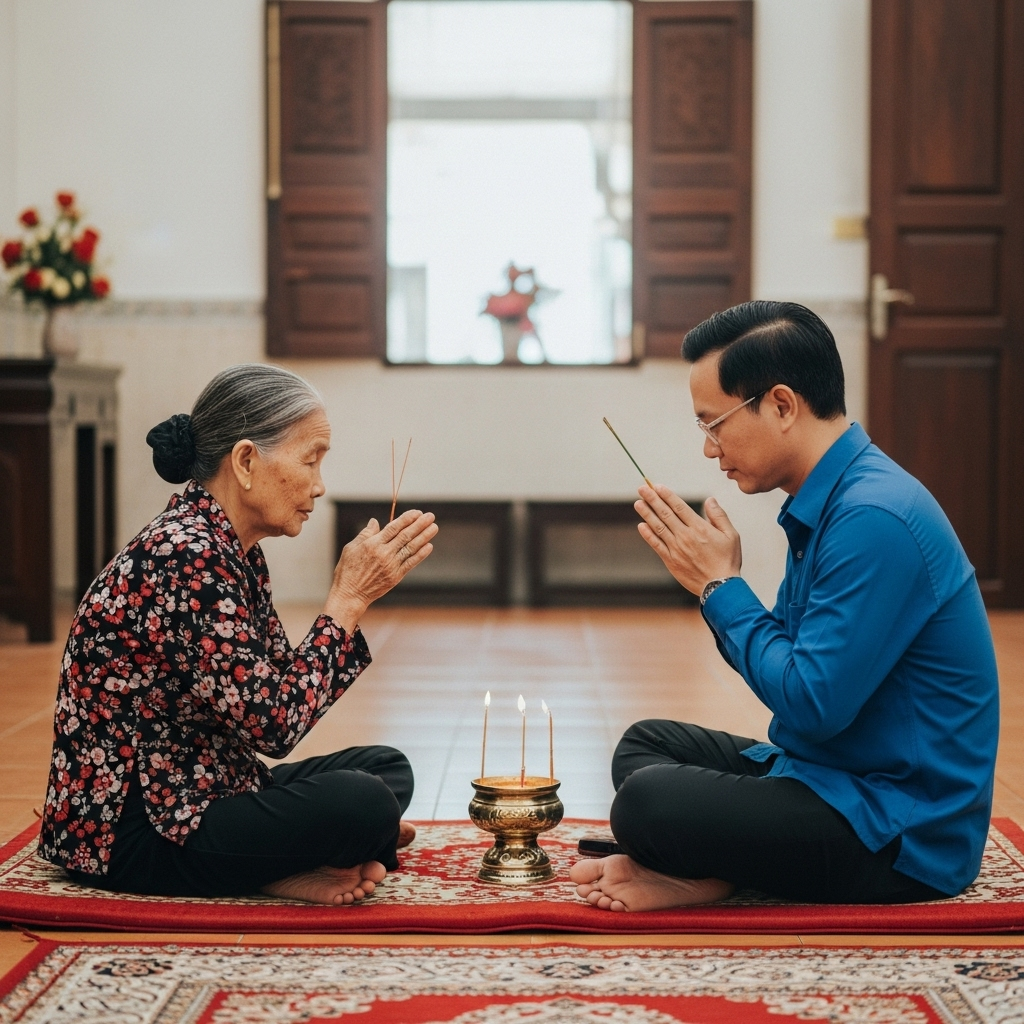 An elderly woman and a younger man sit cross-legged on a red mat indoors, holding incense sticks and praying in front of a small incense burner with lit candles.
