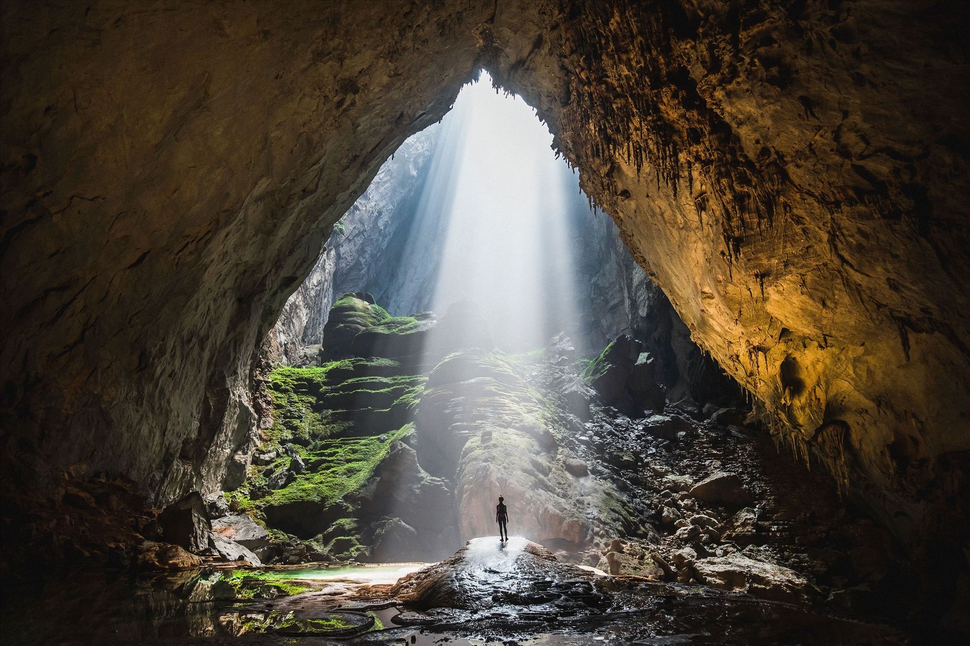 A person standing inside Son Doong Cave, Vietnam, with sunlight streaming through the cave's opening.