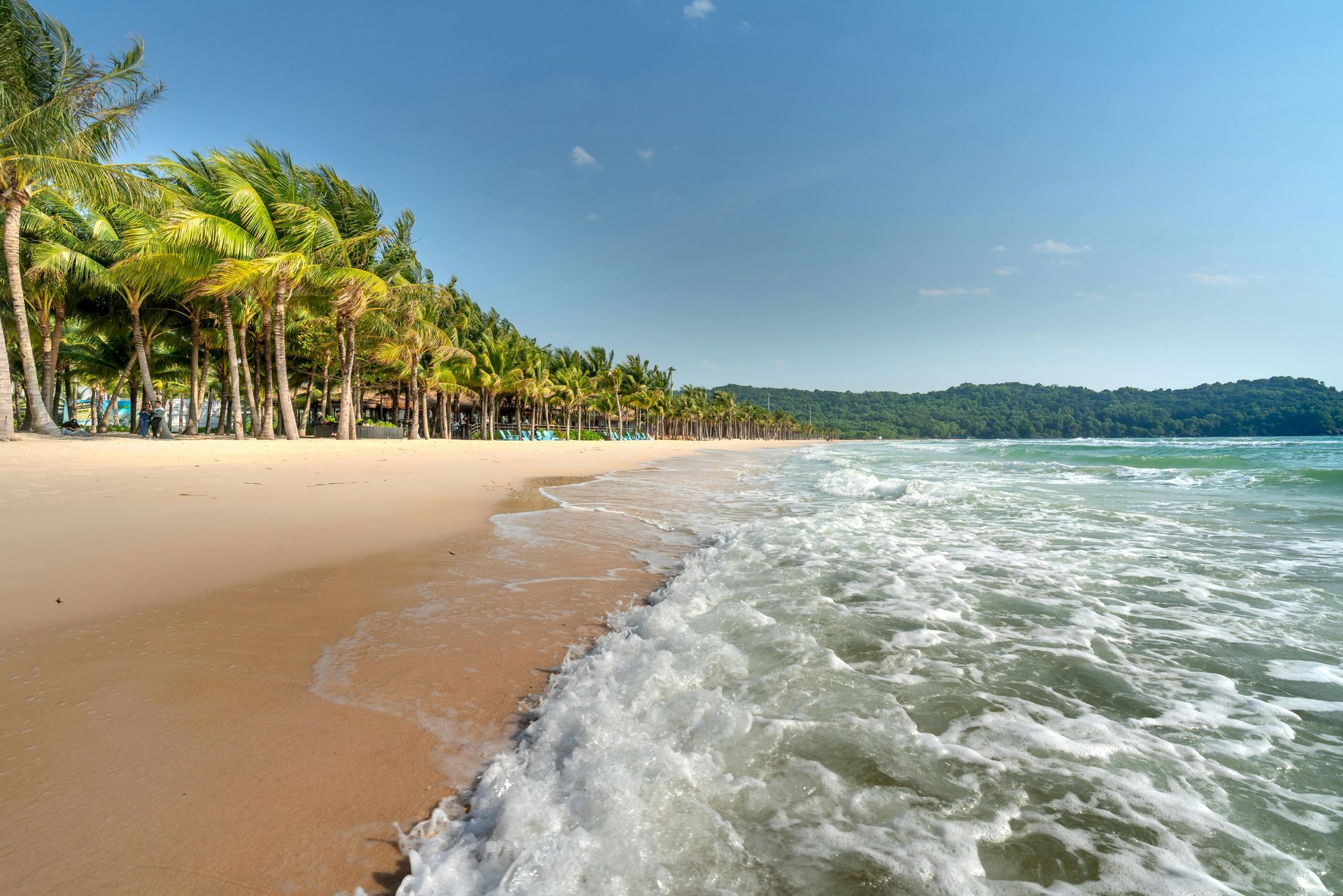 Sao Beach on Phu Quoc Island, with soft white sand and turquoise waters.