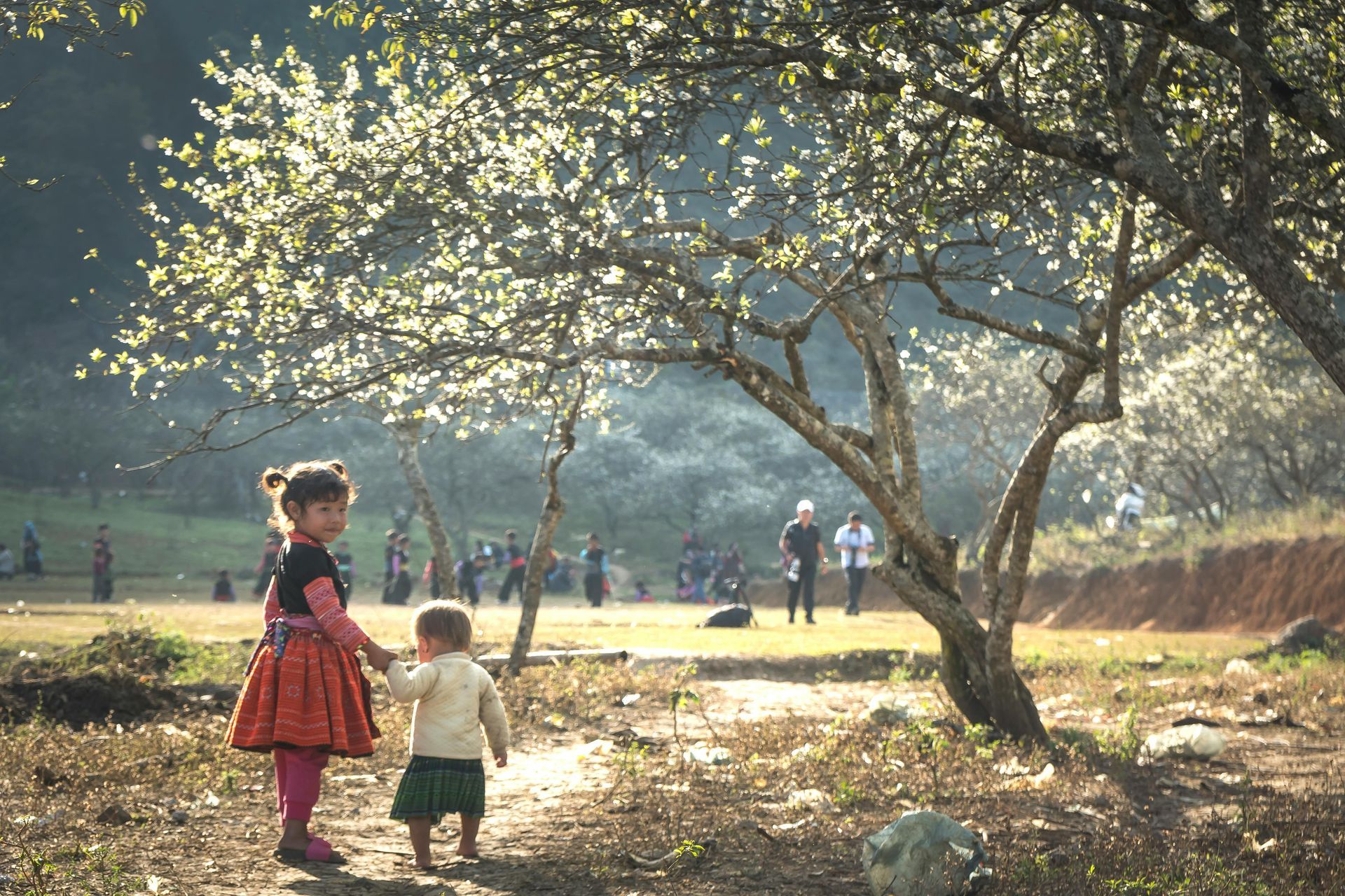 Two children holding hands, walking amidst a picturesque landscape of Moc Chau with rolling green hills and scattered blossoms.