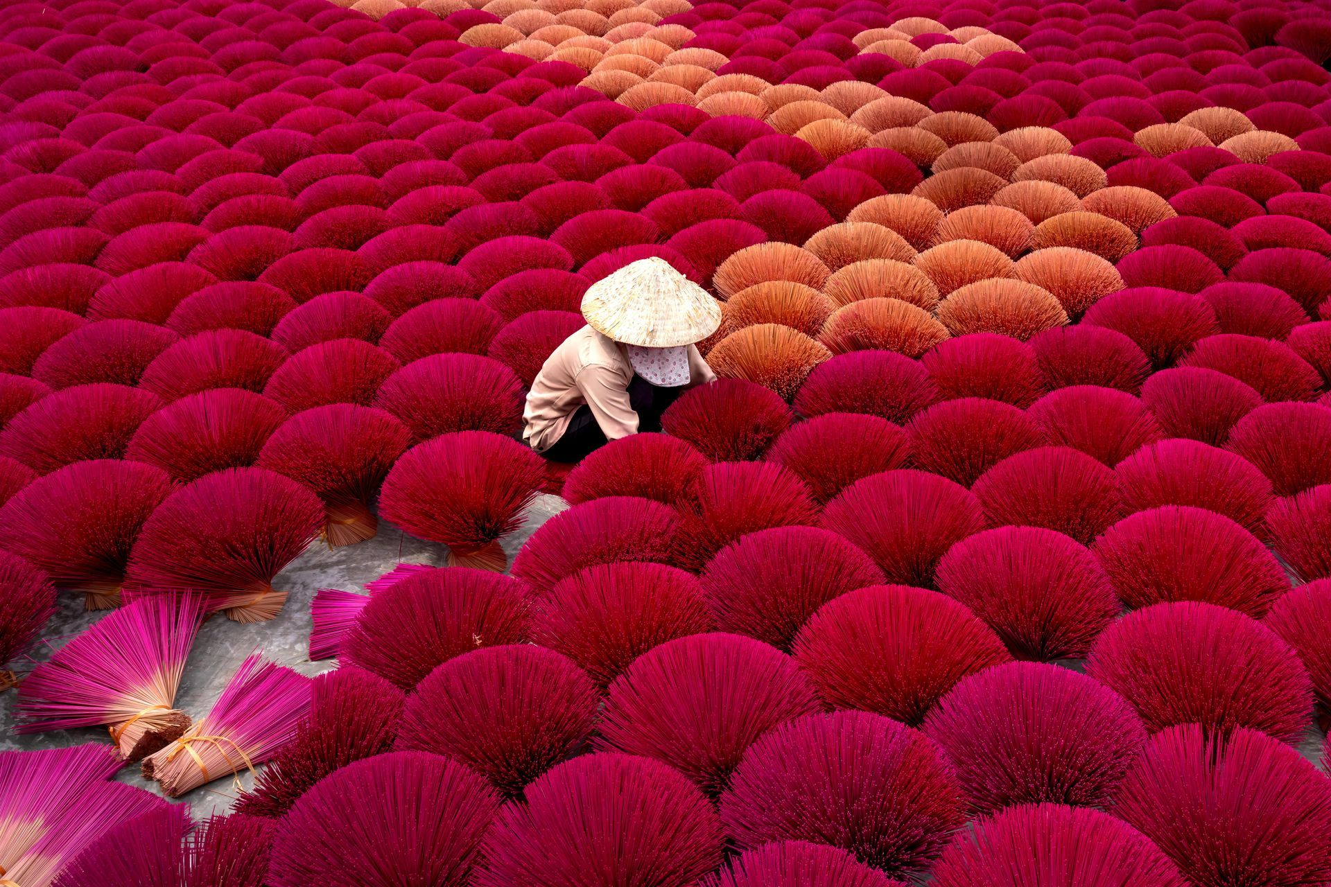 A person wearing a conical hat arranging vibrant red and orange incense sticks laid out in a large drying area.