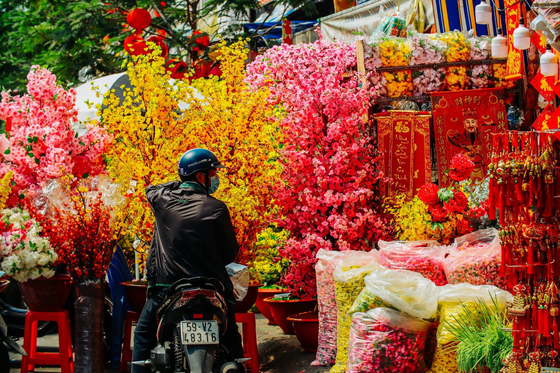 A vibrant Vietnamese street adorned with peach blossoms and apricot flowers, capturing the essence of Tet.