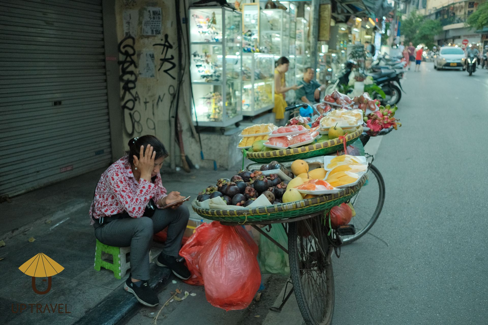 Vietnamese woman selling tropical fruits from a bicycle cart on a Hanoi street.