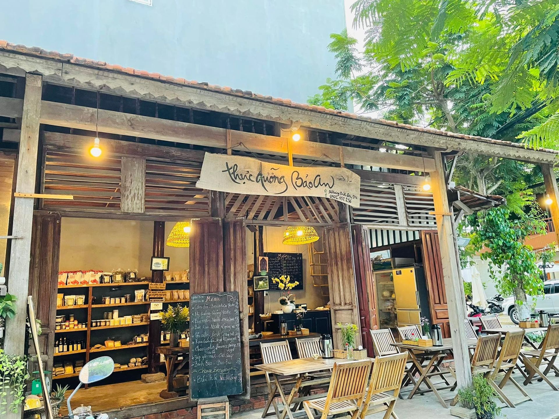 Bao An Macrobiotic Vegan Restaurant in Da Nang, featuring a rustic wooden design and organic vegan cuisine.