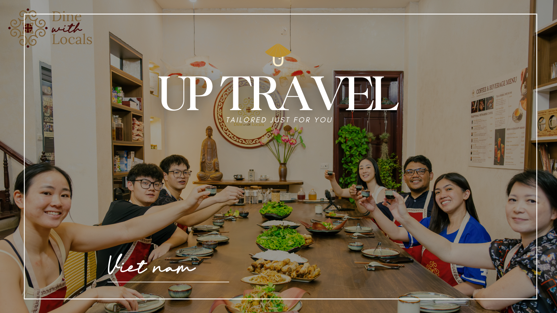 Group of travelers sharing a traditional Vietnamese meal at a local dining experience.