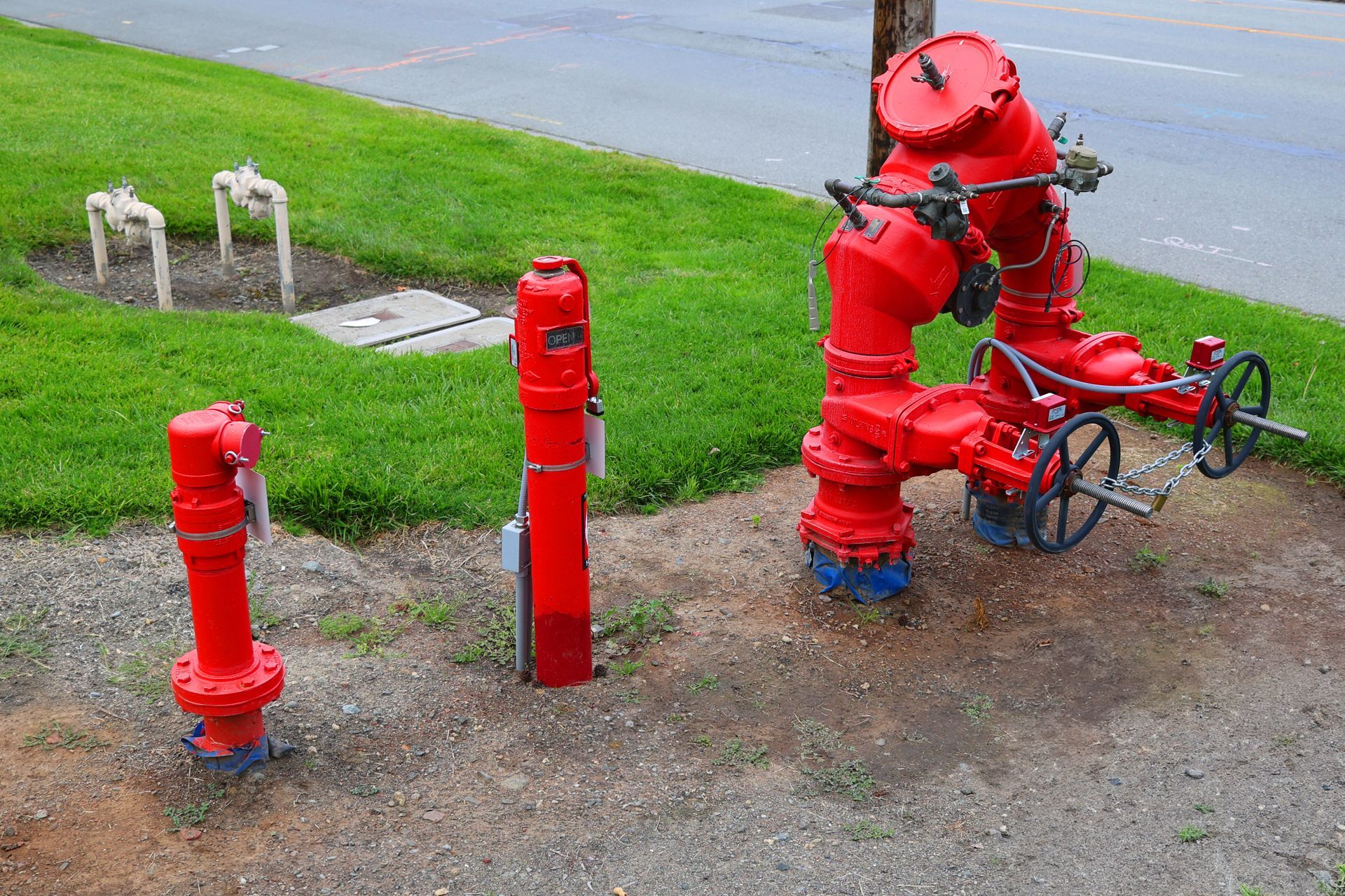Bright red fire hydrants and valves beside a roadside on a grassy patch