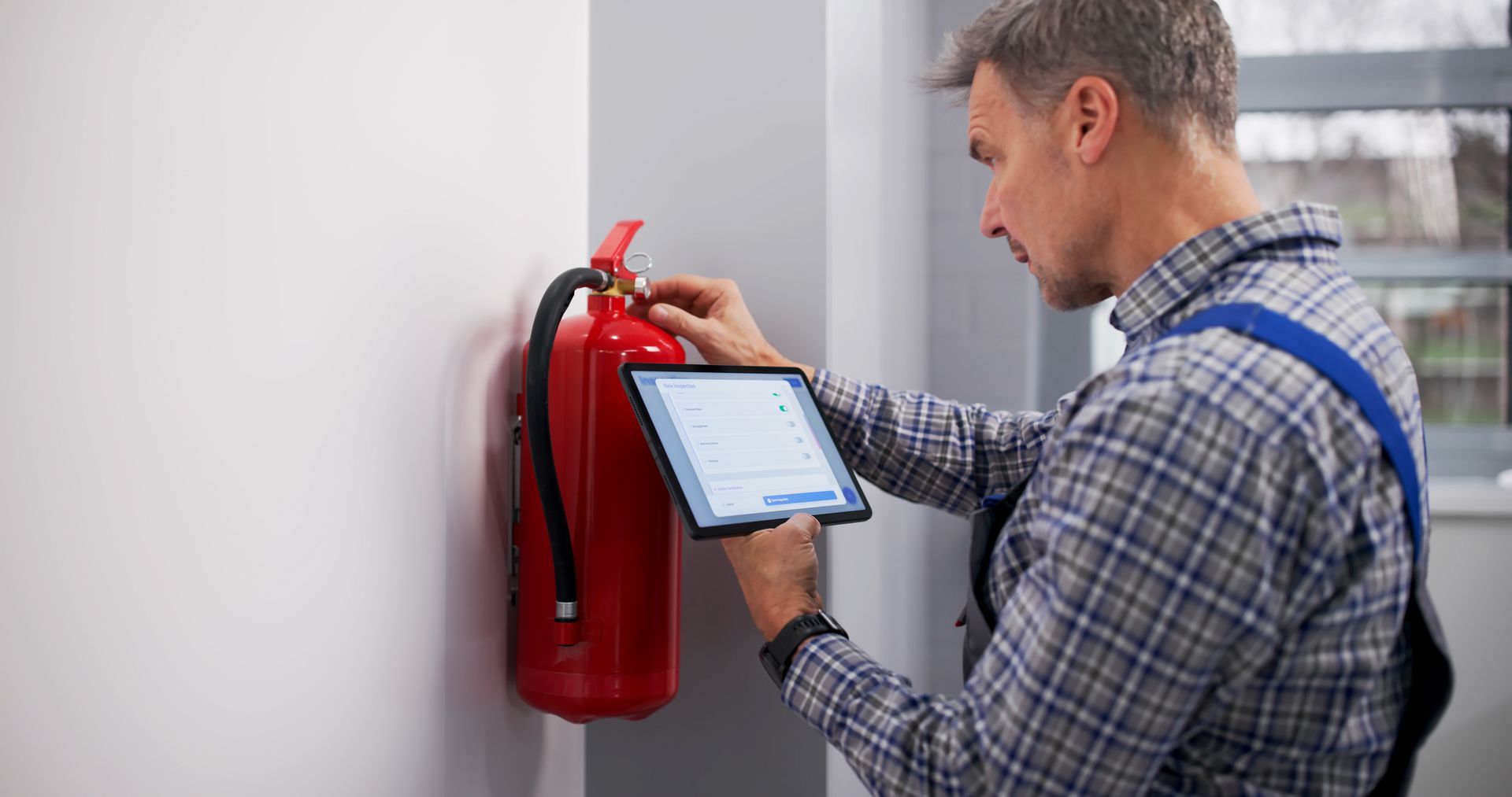 Technician inspecting a red fire extinguisher with a tablet mounted on a wall