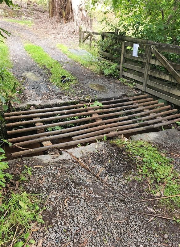 A wooden bridge over a stream in the middle of a dirt road.