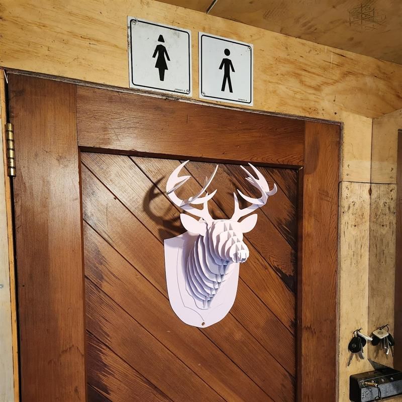 A wooden door with a deer head on it.