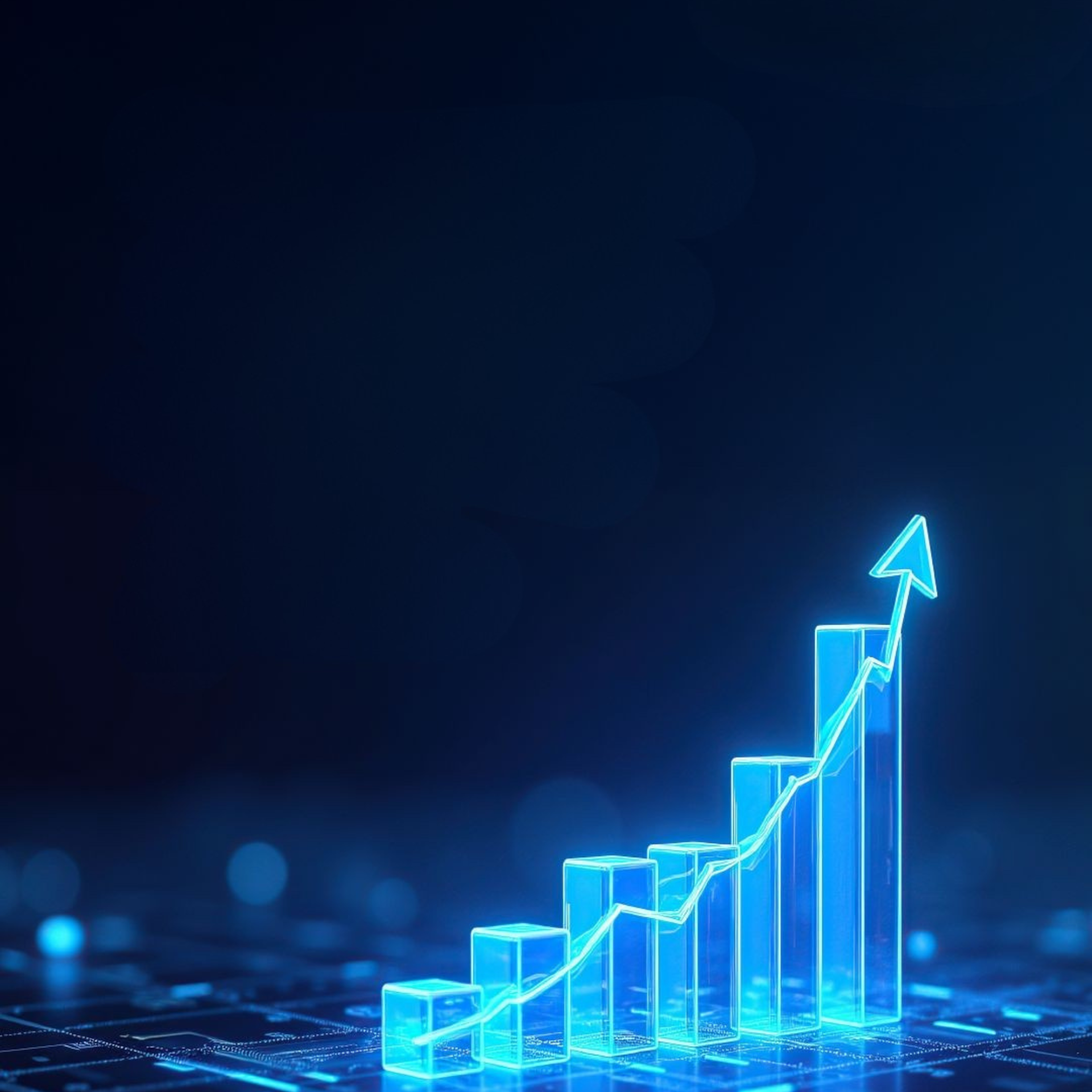 Blue glowing bar graph with upward trending arrow on dark background.