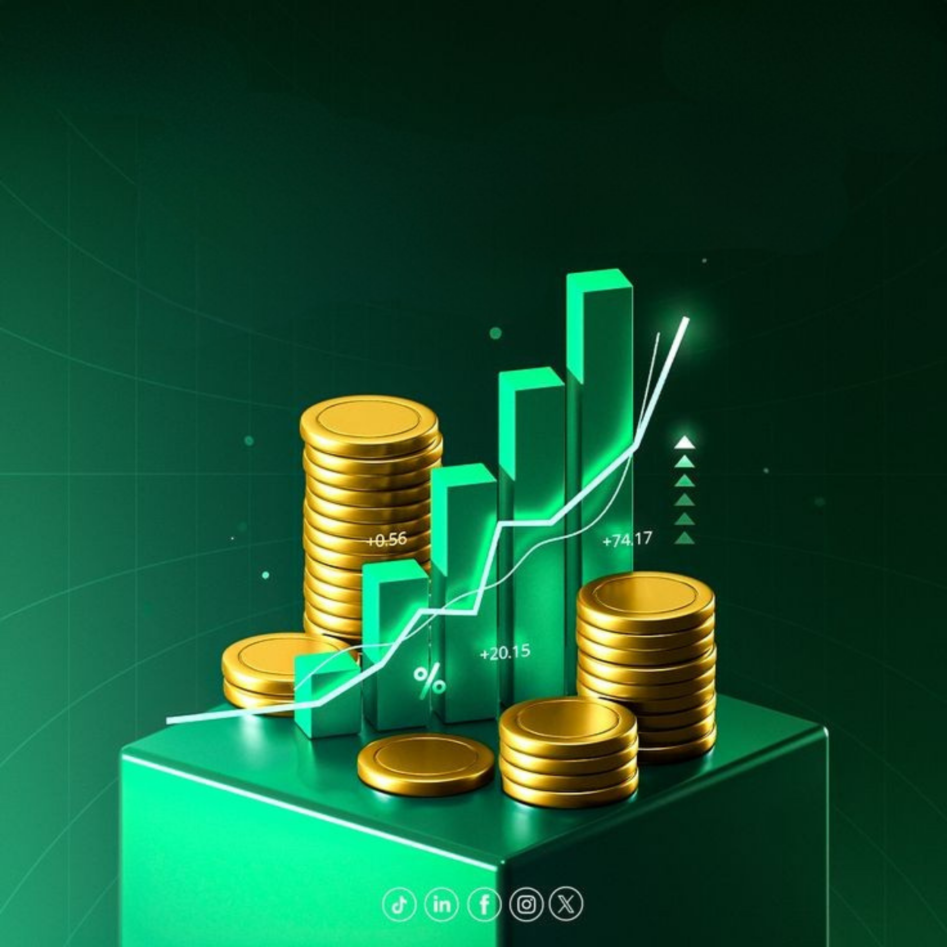Stacks of gold coins and a green bar graph with a rising white trend line on a dark green background.