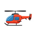 Orange and blue helicopter with black rotor and skids on a white background