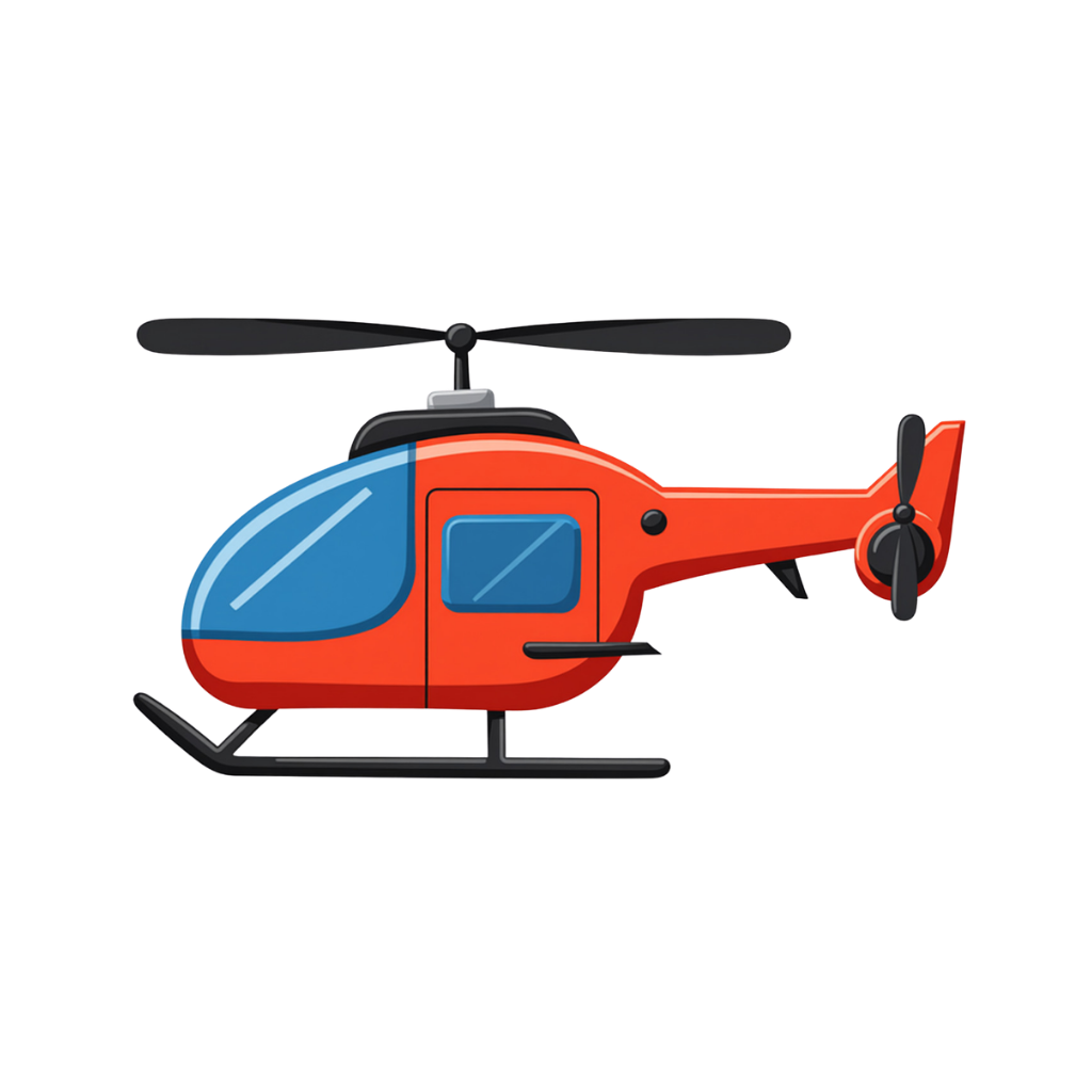 Red helicopter with blue windows and black rotors, shown in side view on a white background