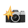 Illustrated camera with a yellow flash burst on the left side