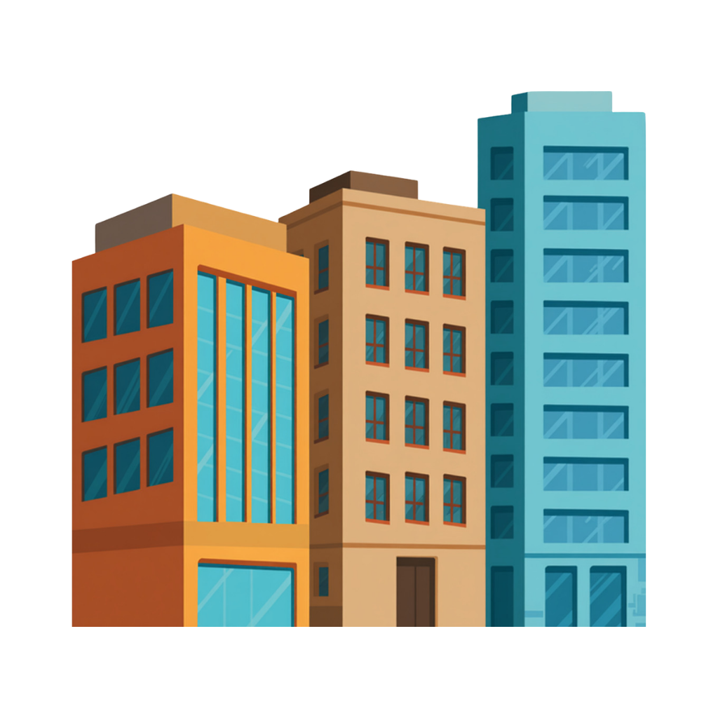 Illustration of three colorful city buildings in orange, tan, and blue on a white background