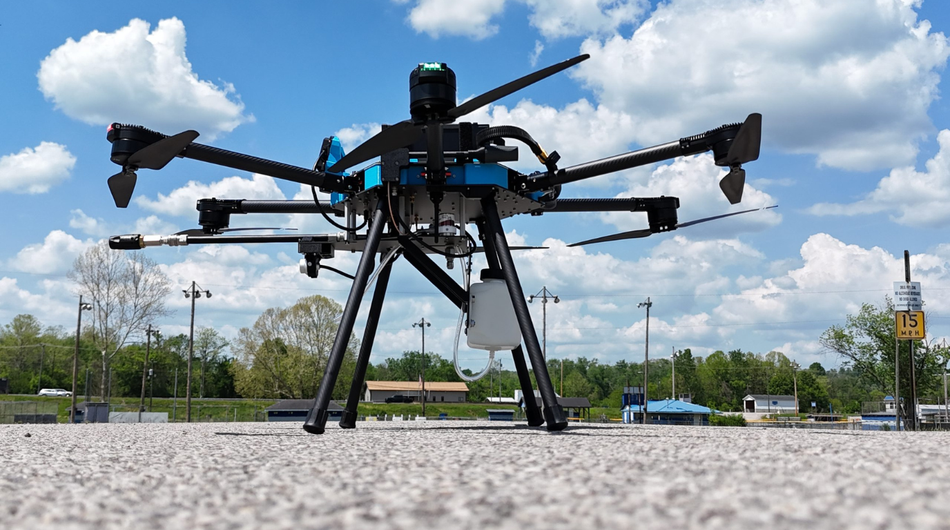 Black drone with four rotors on landing legs on a gravel lot under a cloudy sky