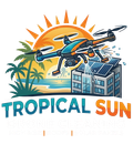 Drone over tropical sun, palm trees, and a rooftop solar panel installation with “TROPICAL SUN” text.