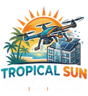 Logo of a drone spraying water over a tropical building with palm trees and the text &ldquo;TROPICAL SUN&rdquo;