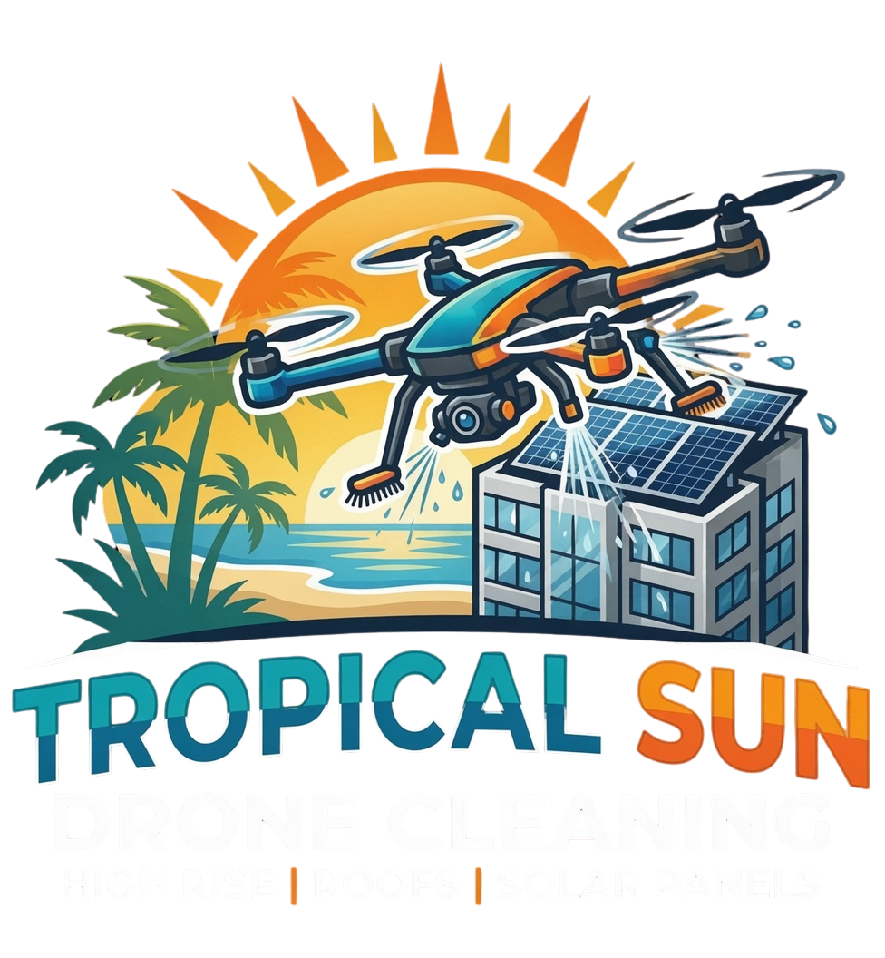Logo of a drone spraying water over a tropical building with palm trees and the text &ldquo;TROPICAL SUN&rdquo;