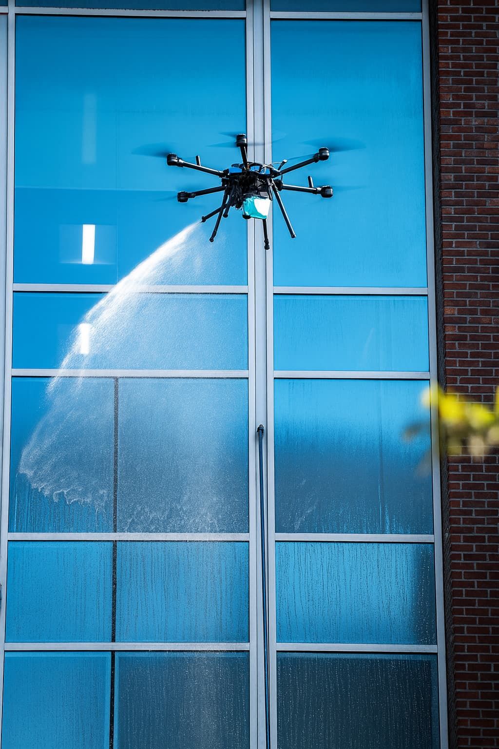 Drone spraying water on a blue building window facade