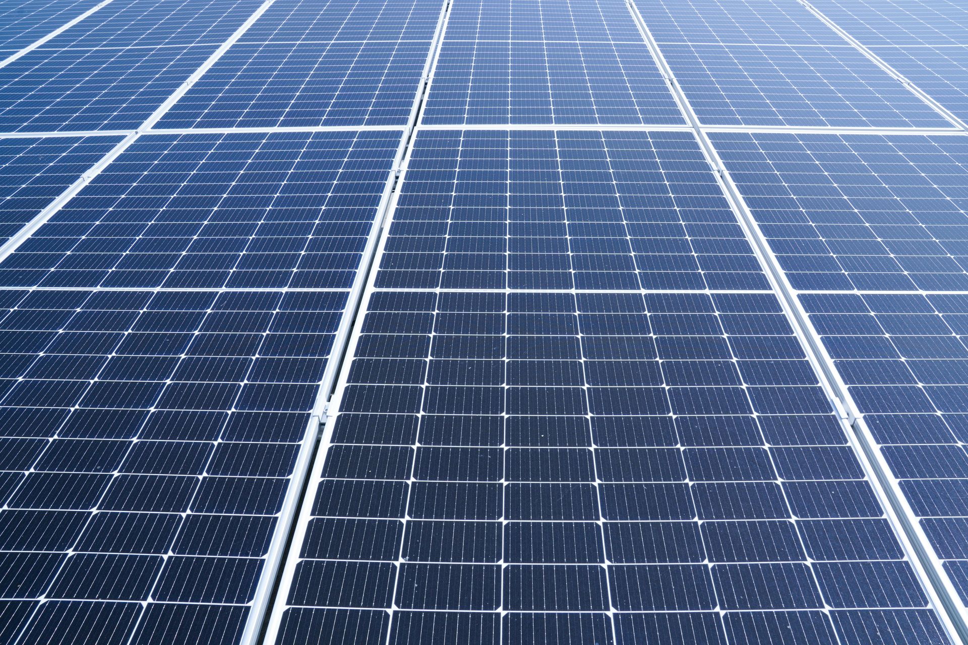 Rows of blue solar panels stretching into the distance under bright sunlight