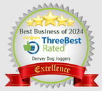 ThreeBestRated Denver Dog award badge: green and gold, red ribbon, five stars,
