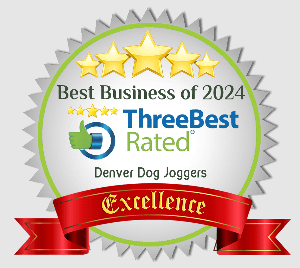 ThreeBestRated Denver Dog award badge: green and gold, red ribbon, five stars,