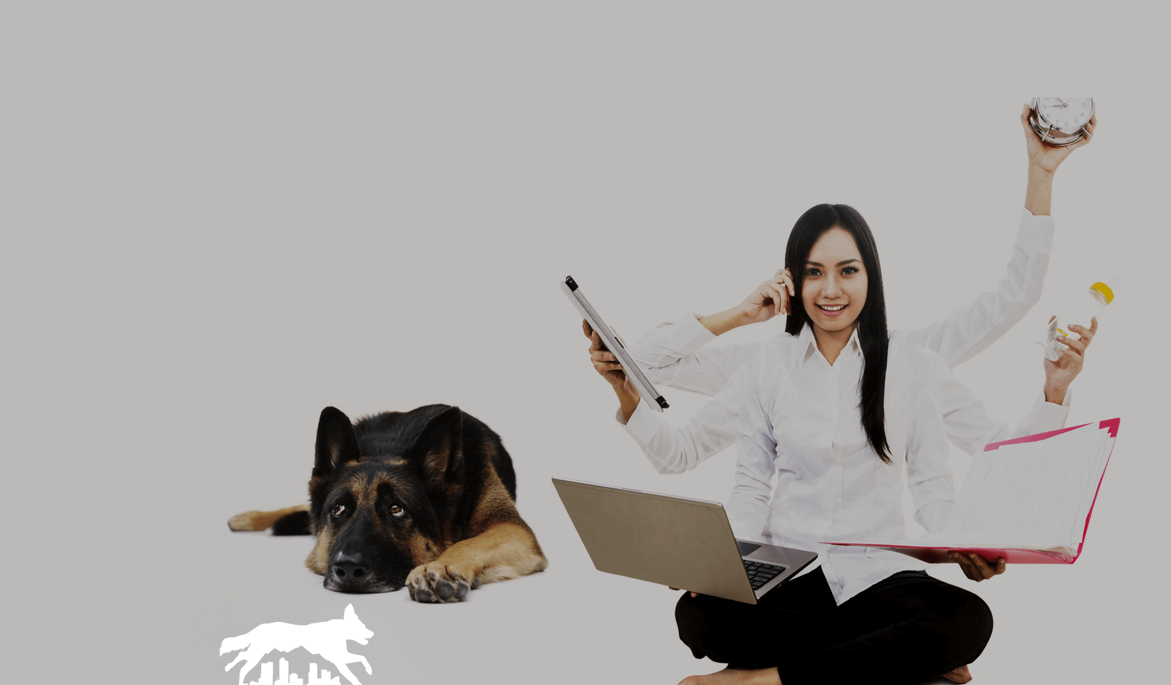 Woman with many arms multitasking, sitting, holding laptop and other items, with dog.