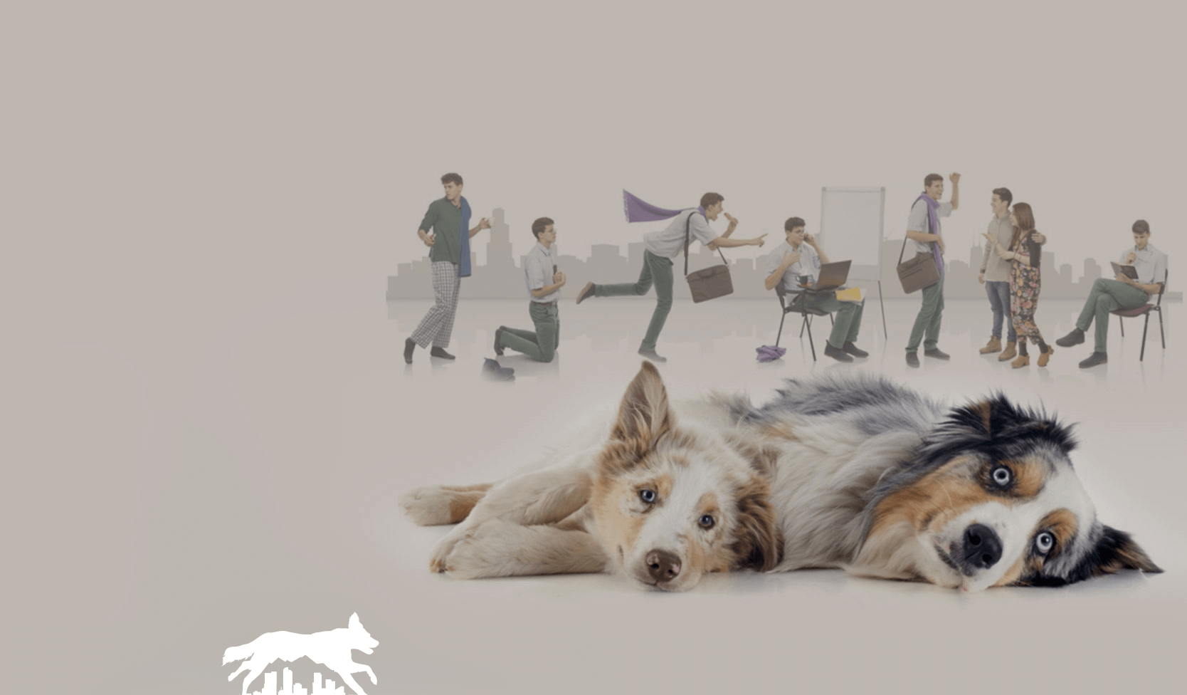Dog lounging, people in various work-life scenarios fade in the background.