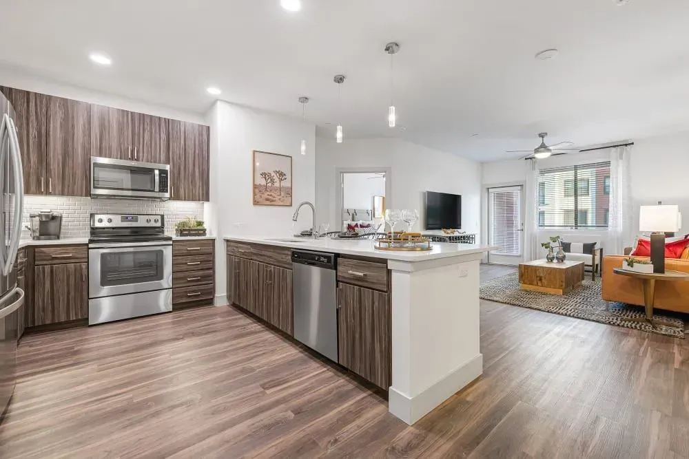 Open-concept apartment kitchen and living room with stainless steel appliances, wood cabinets, and a leather sofa.