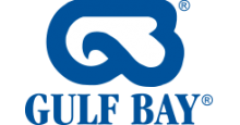 A blue and white logo for gulf bay