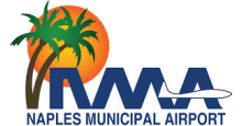 A logo for the naples municipal airport with palm trees and a sun