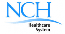 The logo for the nch healthcare system is blue and white.