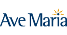 The logo for ave maria is blue with a yellow flower.
