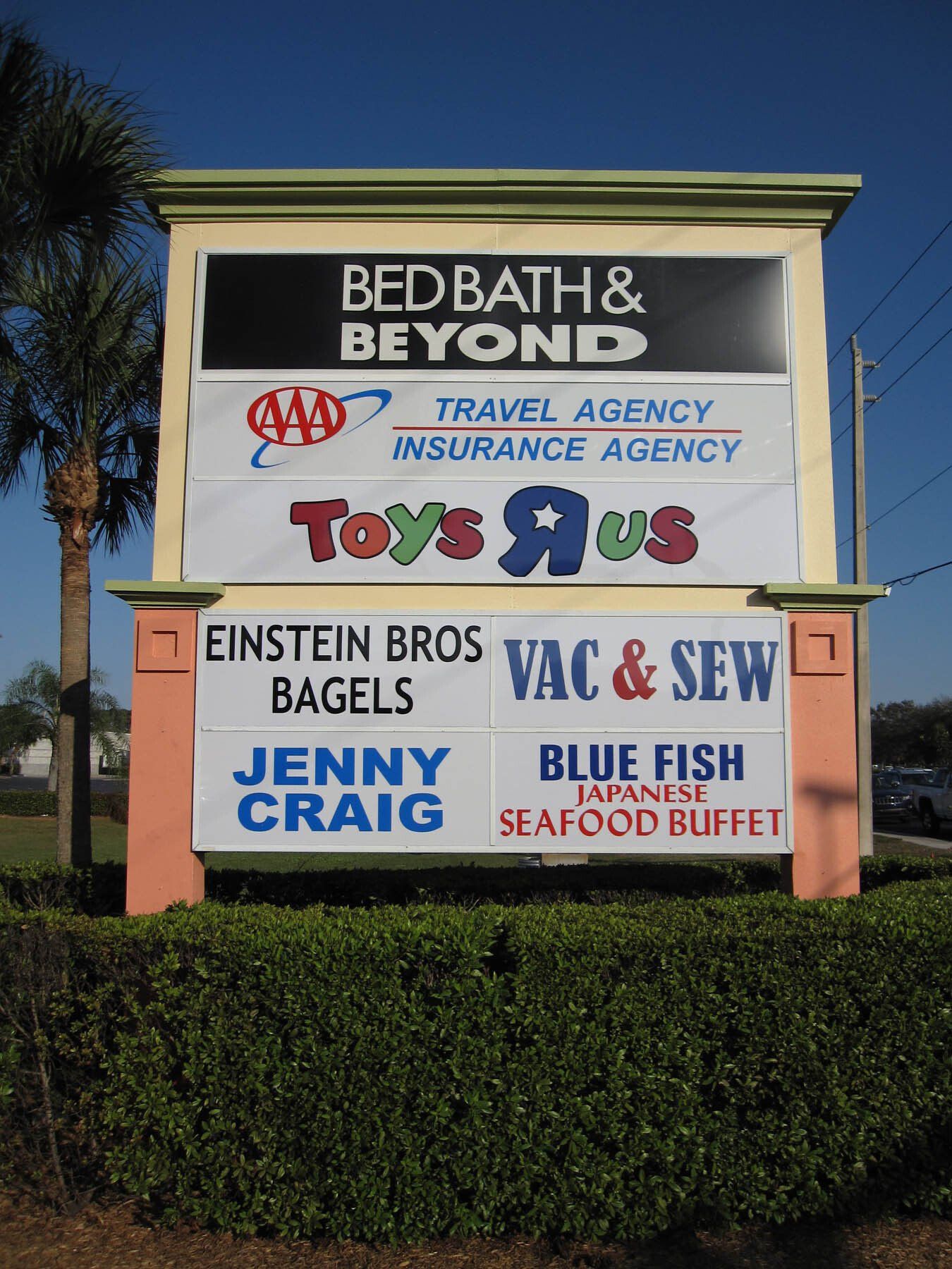 A sign for bed bath and beyond and toys r us