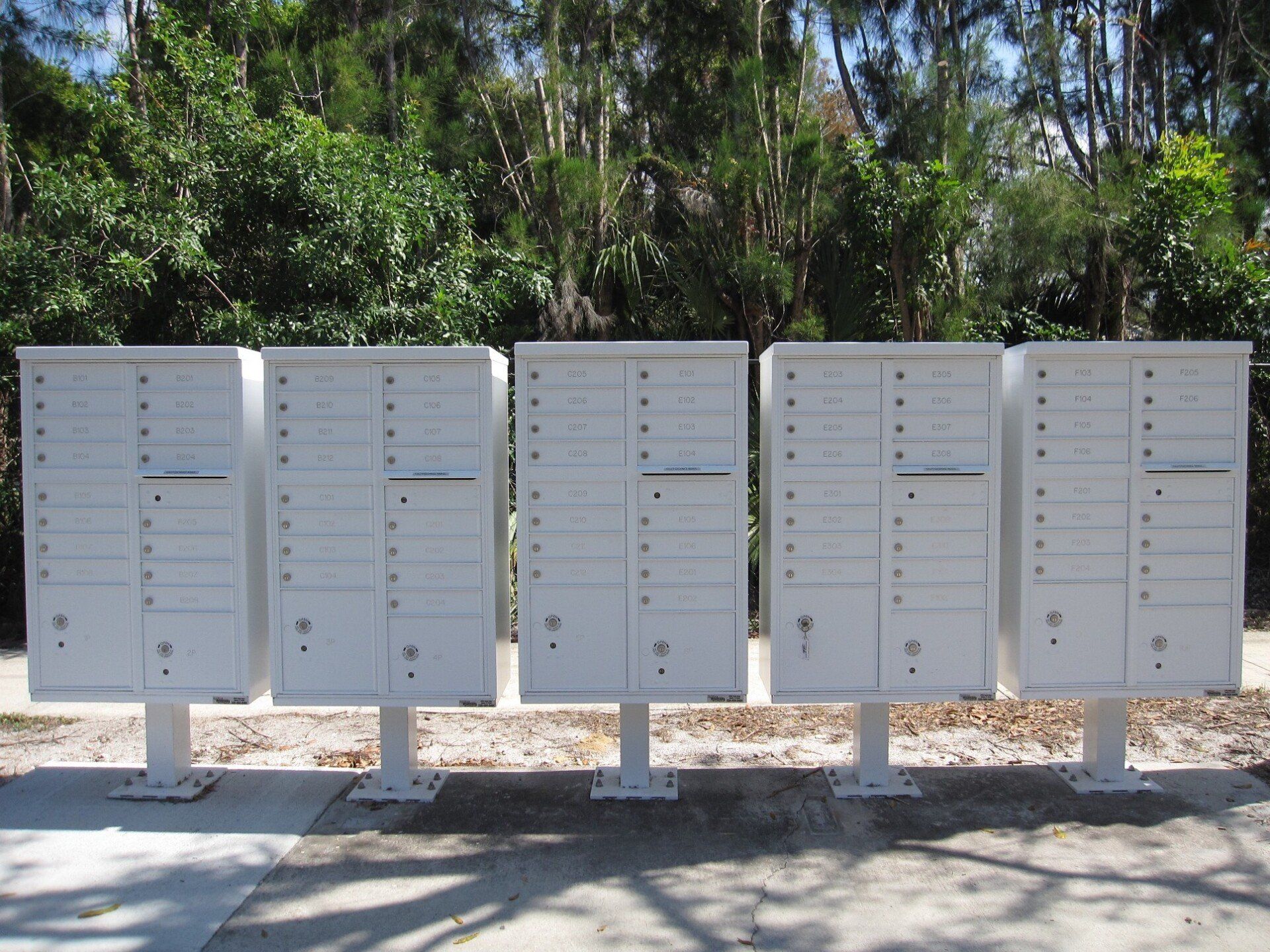 A row of white mailboxes are lined up in a row