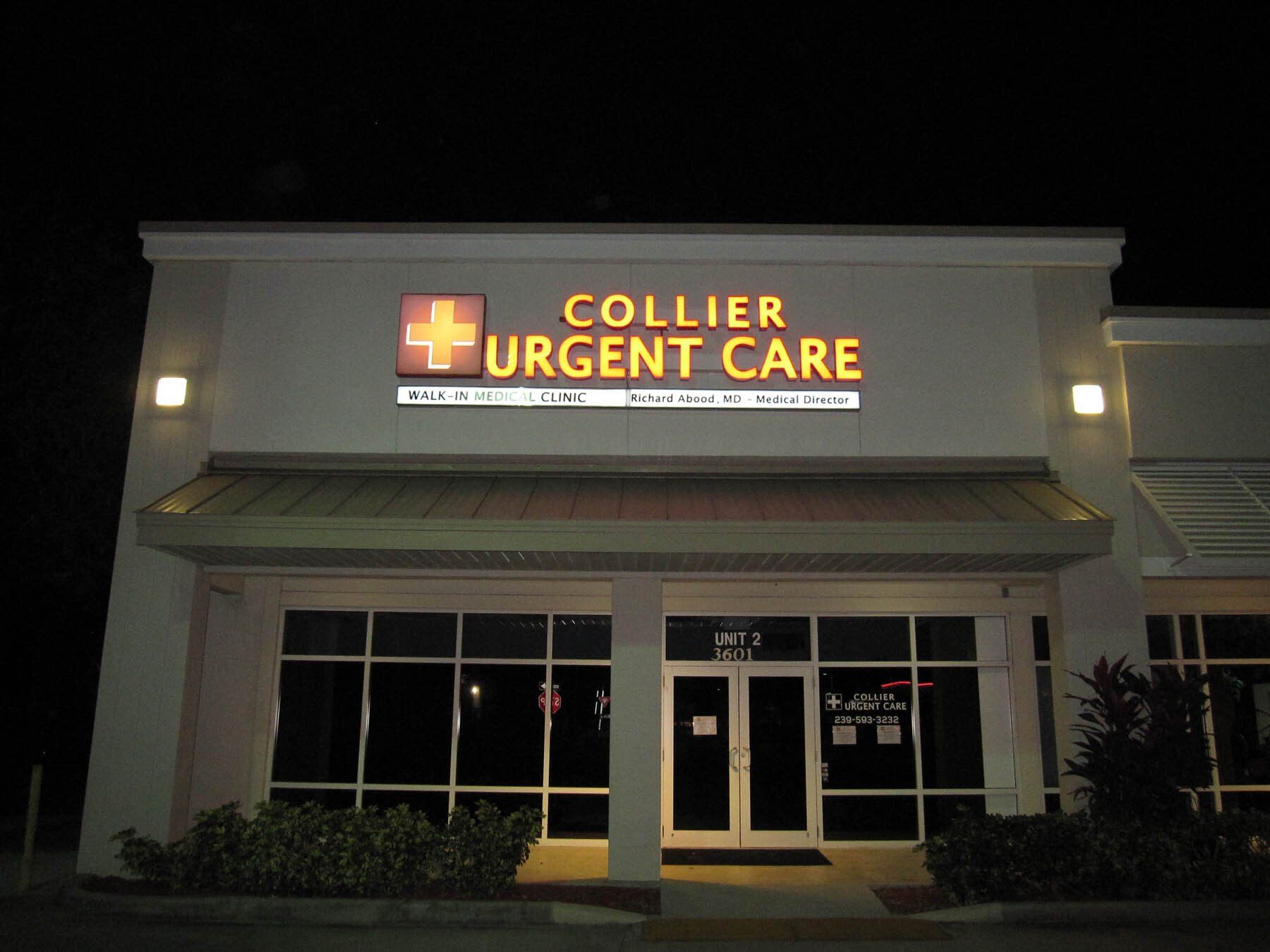 Collier urgent care is lit up at night