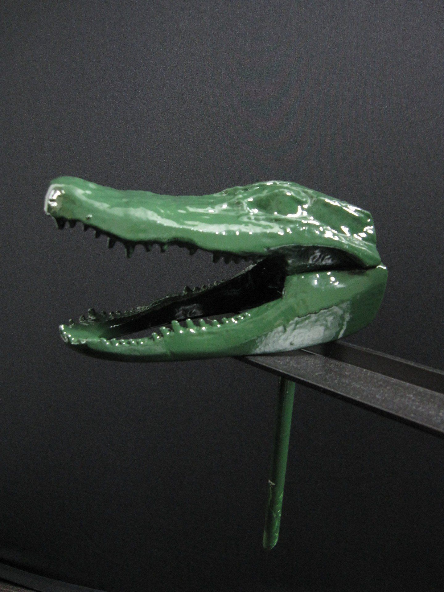 A green crocodile head with its mouth open