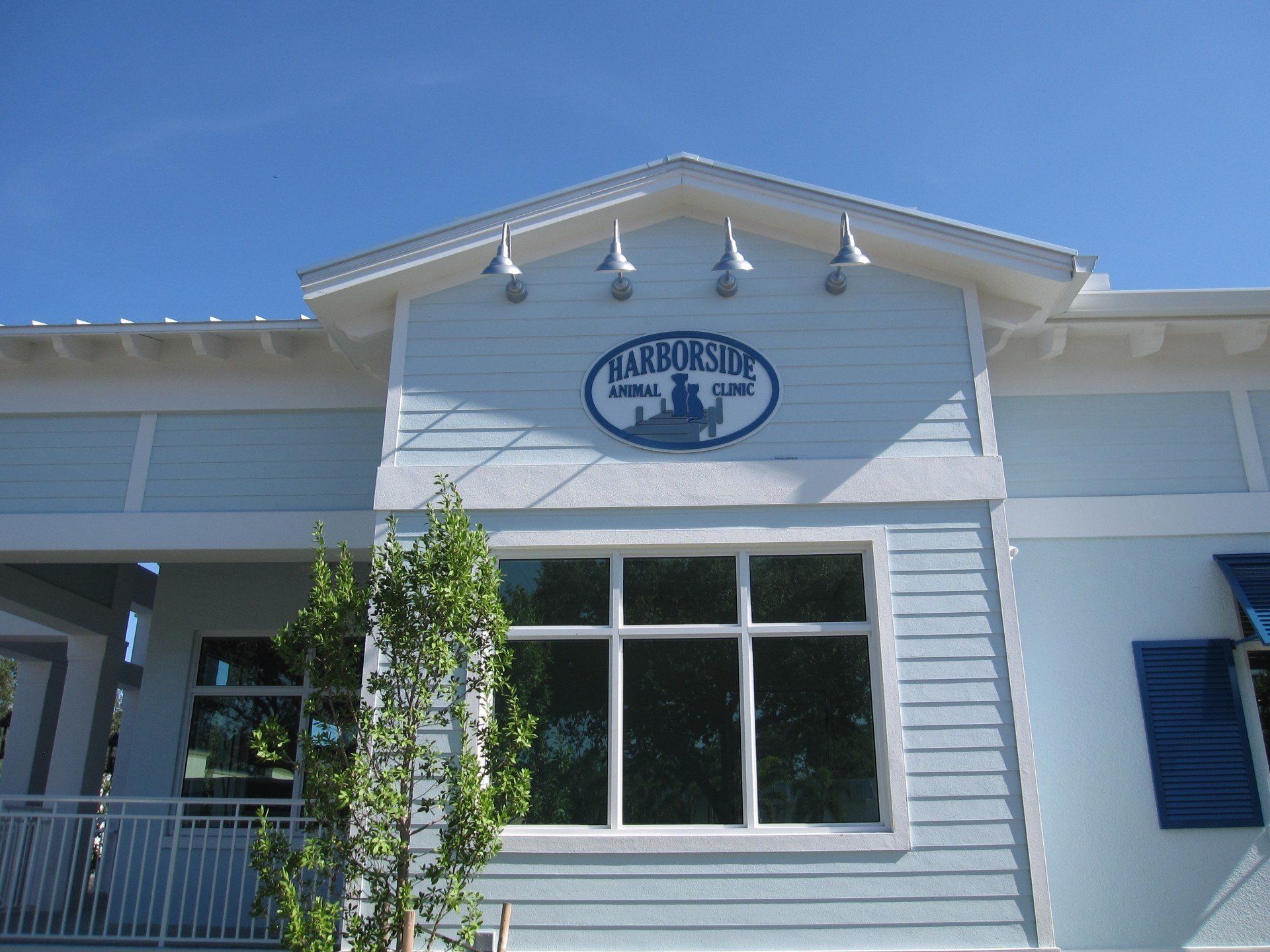 A white building with a blue sign that says tarnished animal clinic