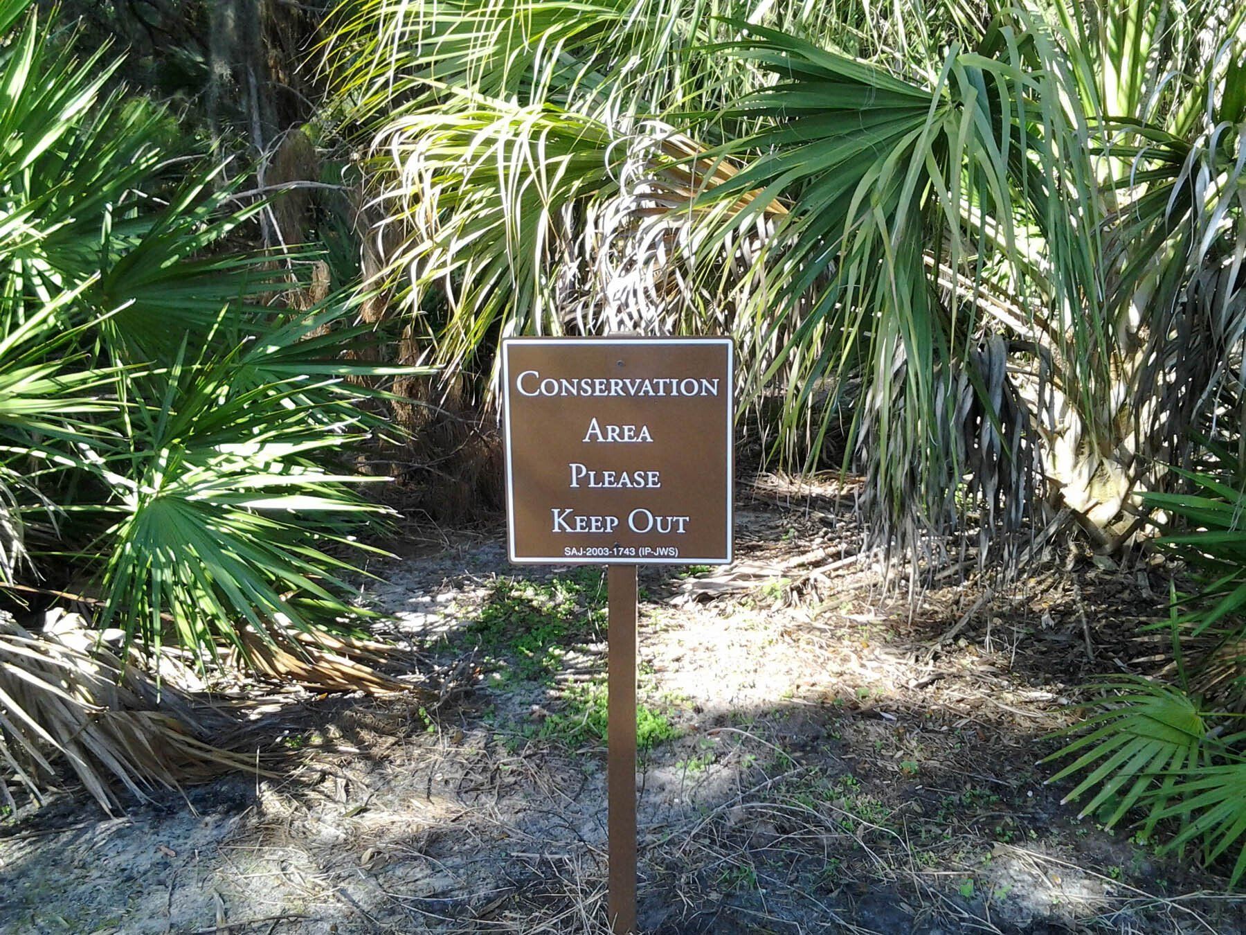 A sign that says `` conservation area please keep out '' is surrounded by palm trees.