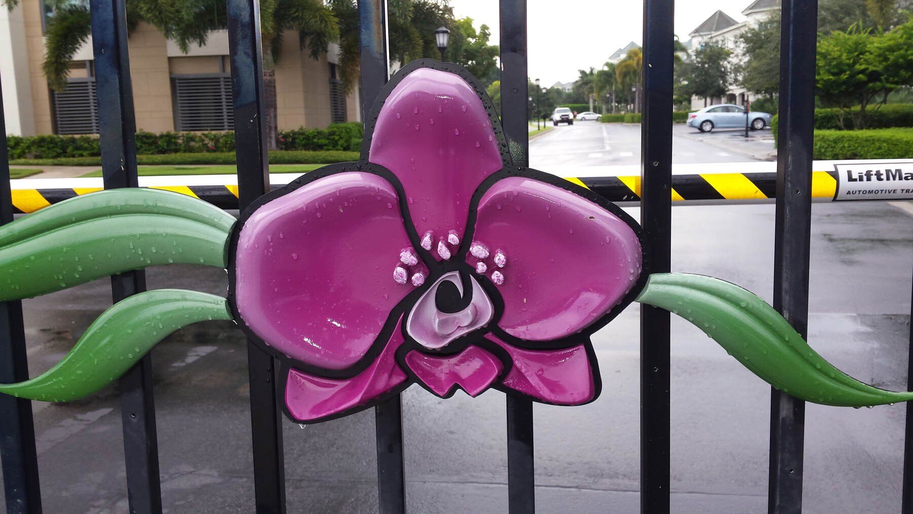A purple orchid is painted on a black fence
