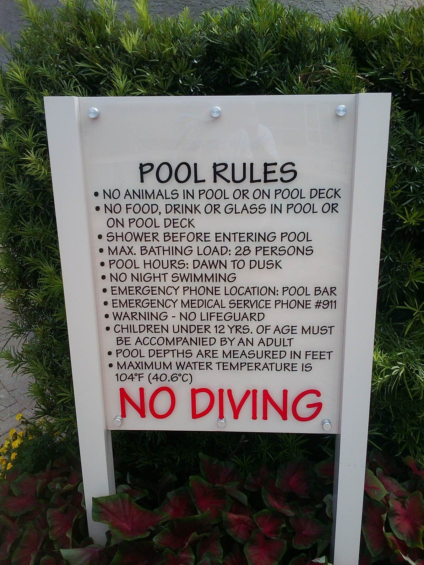 A sign that says pool rules and no diving on it