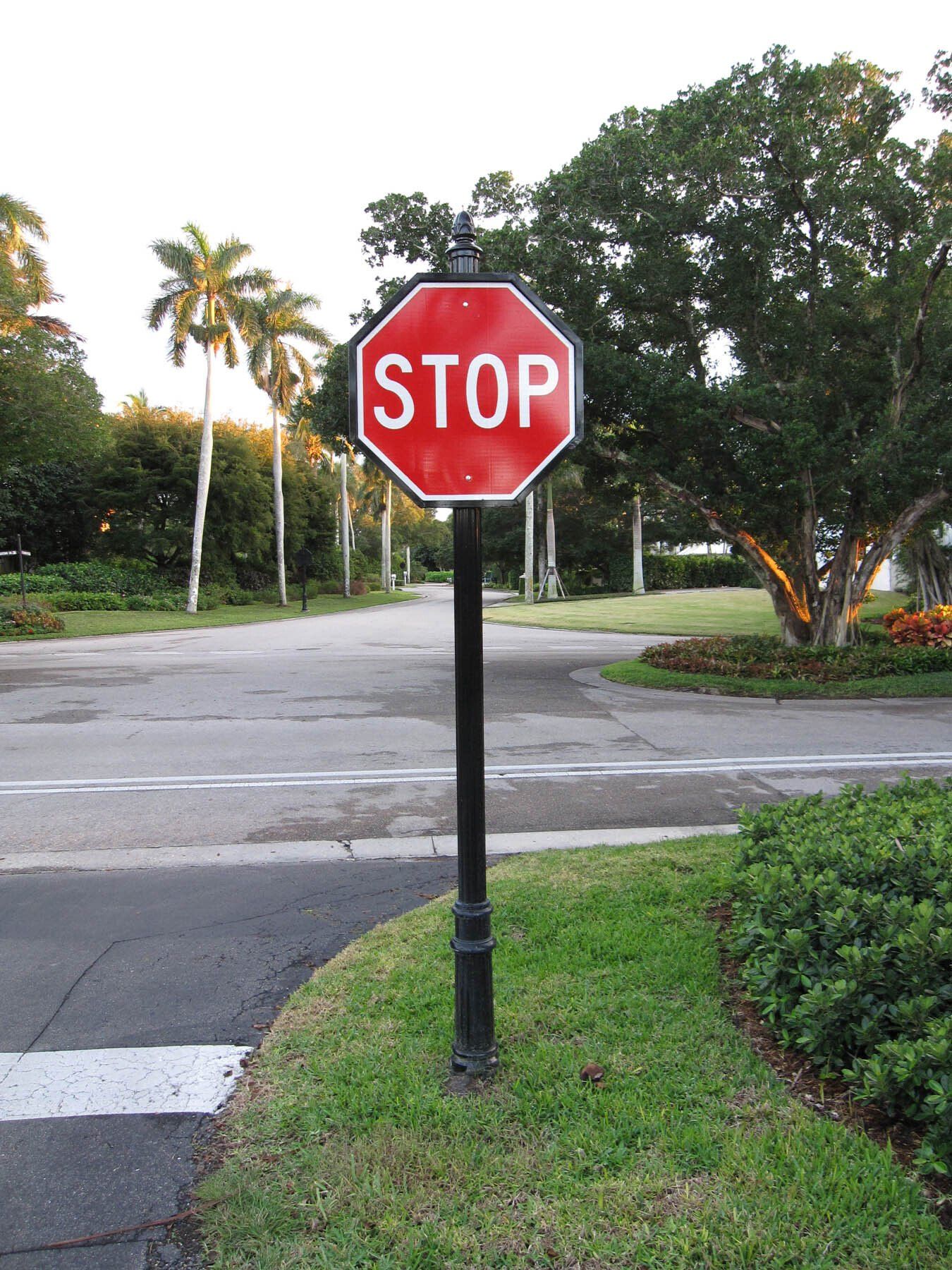 A stop sign is sitting on the side of the road