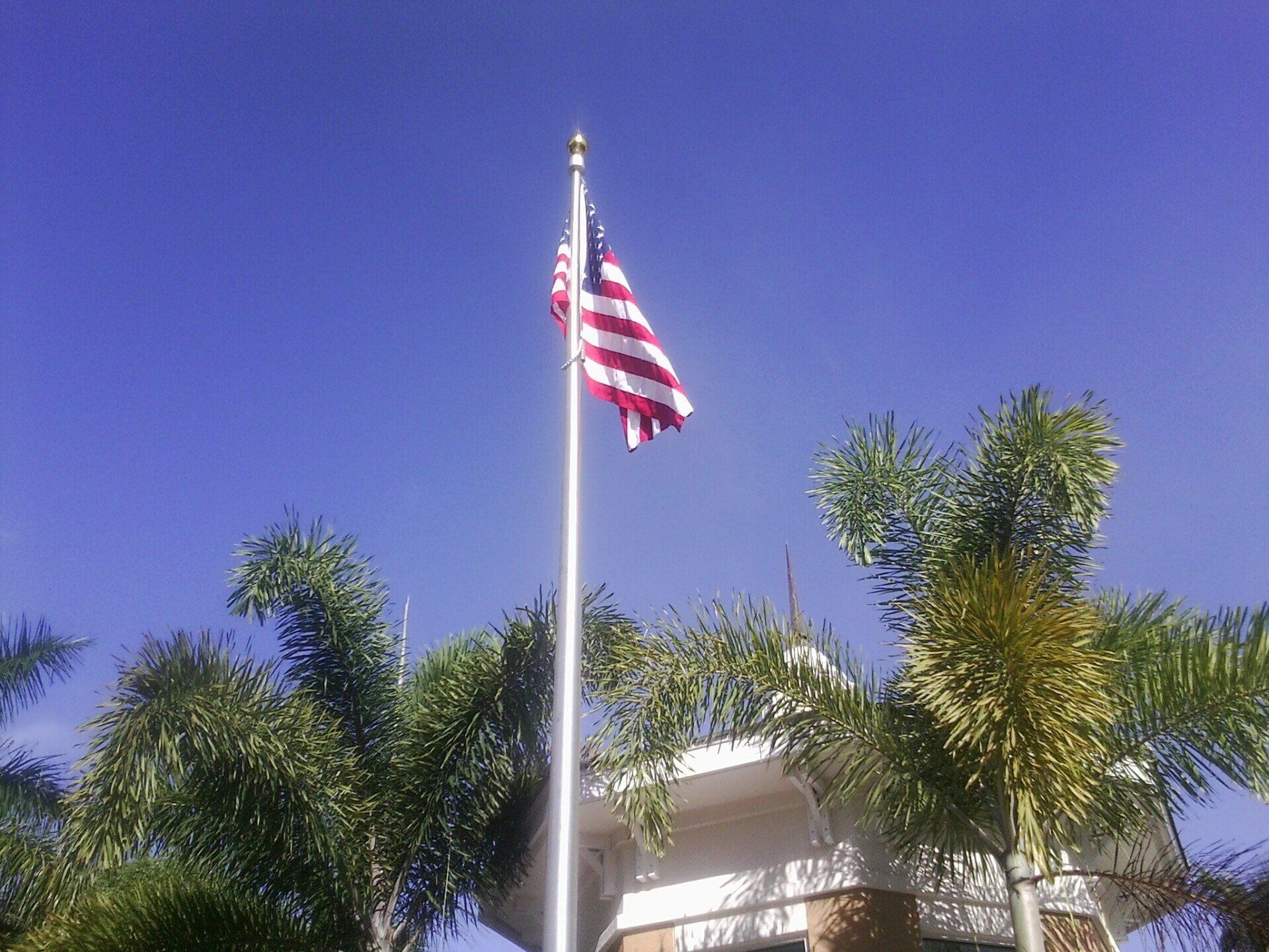 An american flag is flying on a pole in front of a house