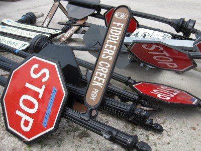 A bunch of stop signs are stacked on top of each other