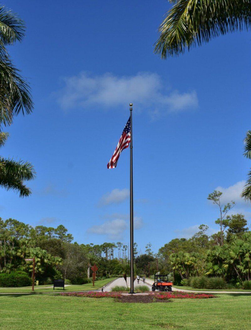An american flag is flying on a pole in a park